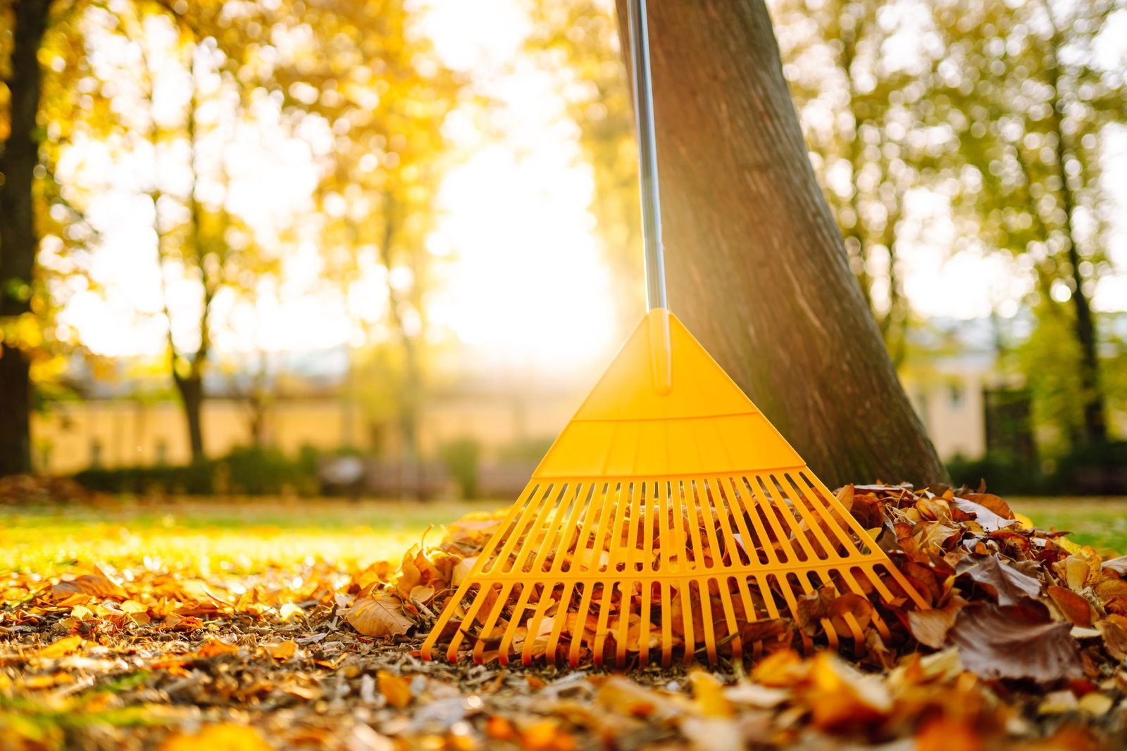 Pile of fall leaves with fan rake on lawn